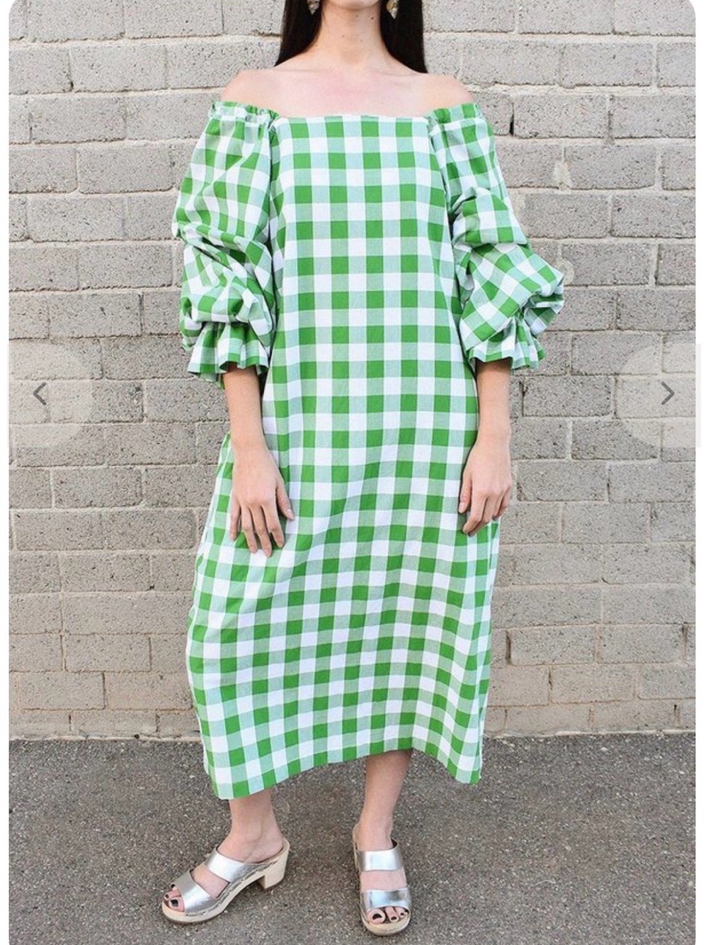 323 Gingham Green White Long Sleeve Midi Dress One Size